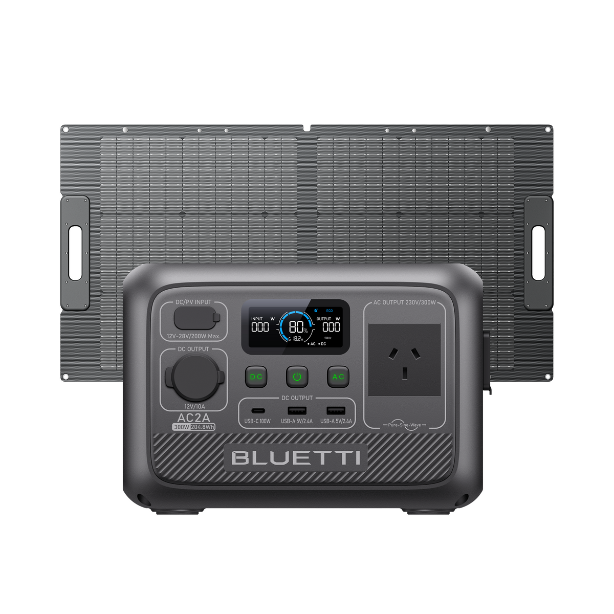 BLUETTI AC2A portable power station with PV100 solar panel, ideal for outdoor camping