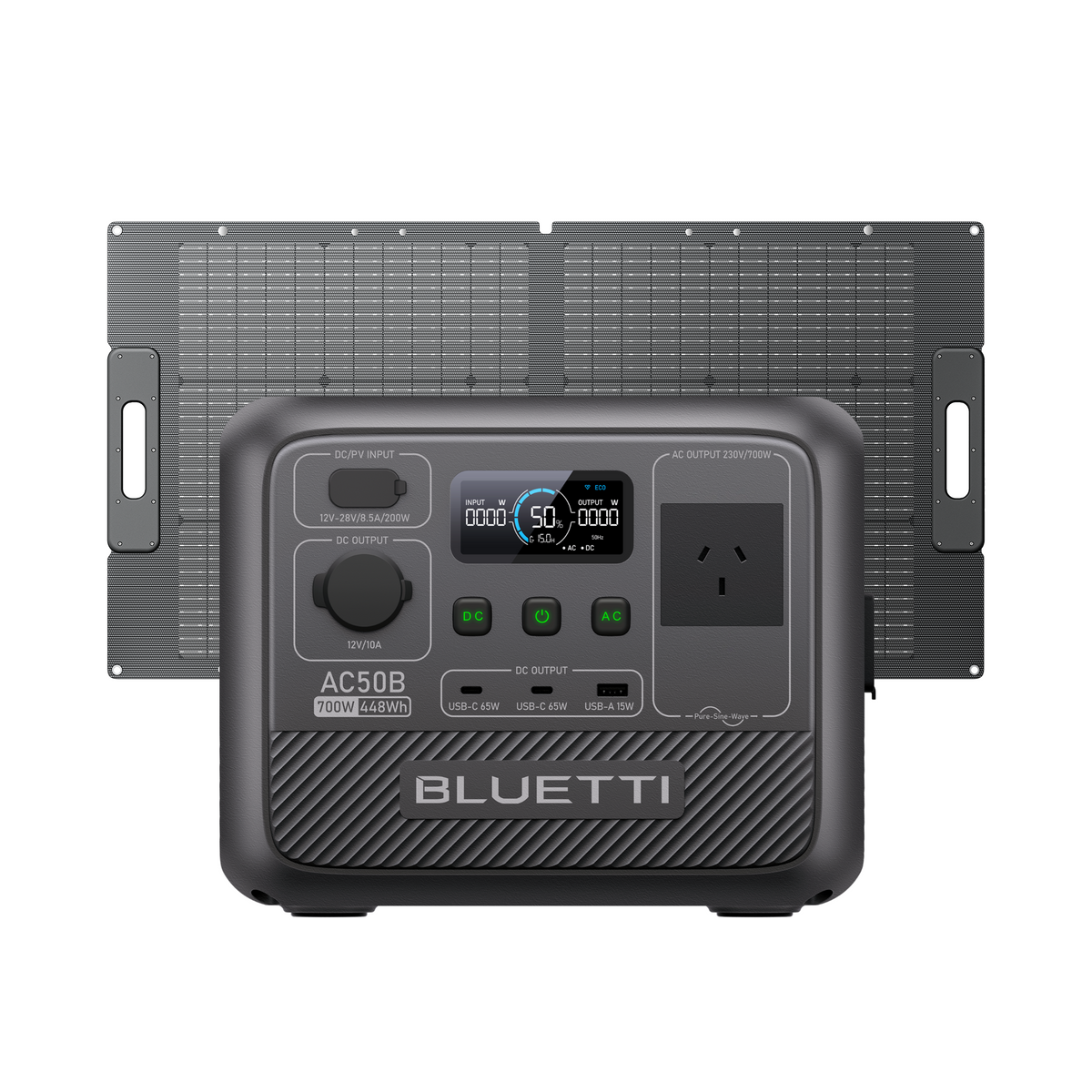 BLUETTI AC50B portable power station with PV100 solar panel, reliable for home backup and travel