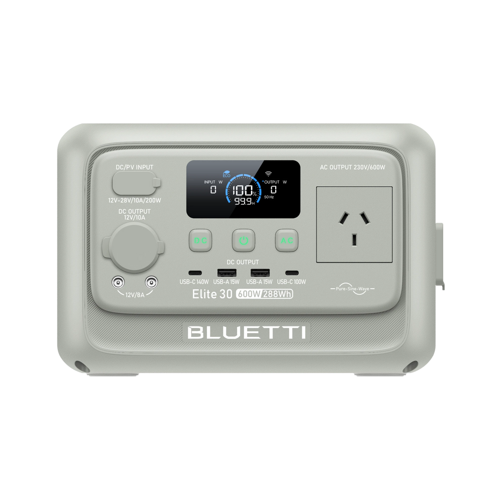 Front view of the BLUETTI Elite 30 v2 600W portable power station with 288Wh capacity in Meadow Green