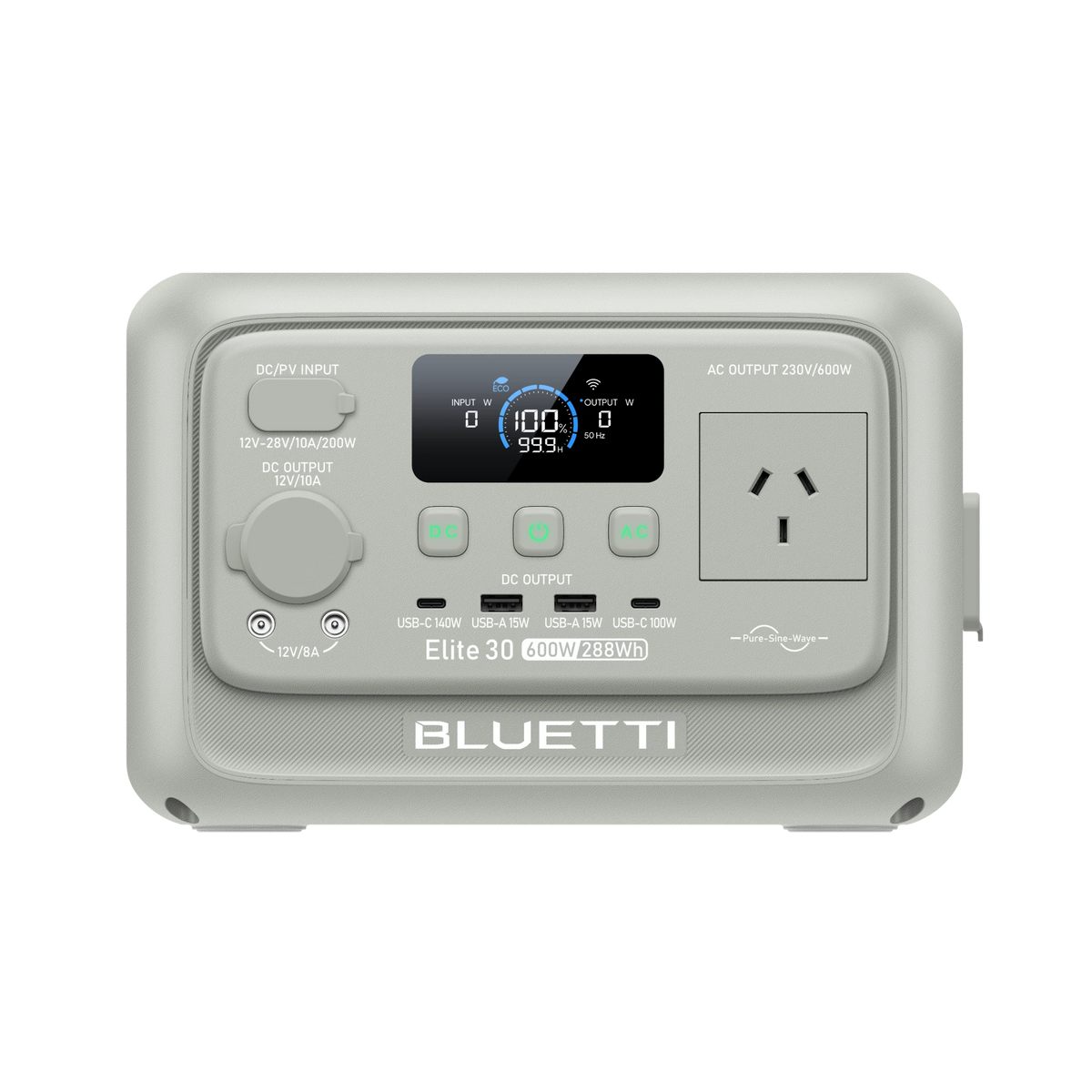 Front view of the BLUETTI Elite 30 v2 600W portable power station with 288Wh capacity in Meadow Green
