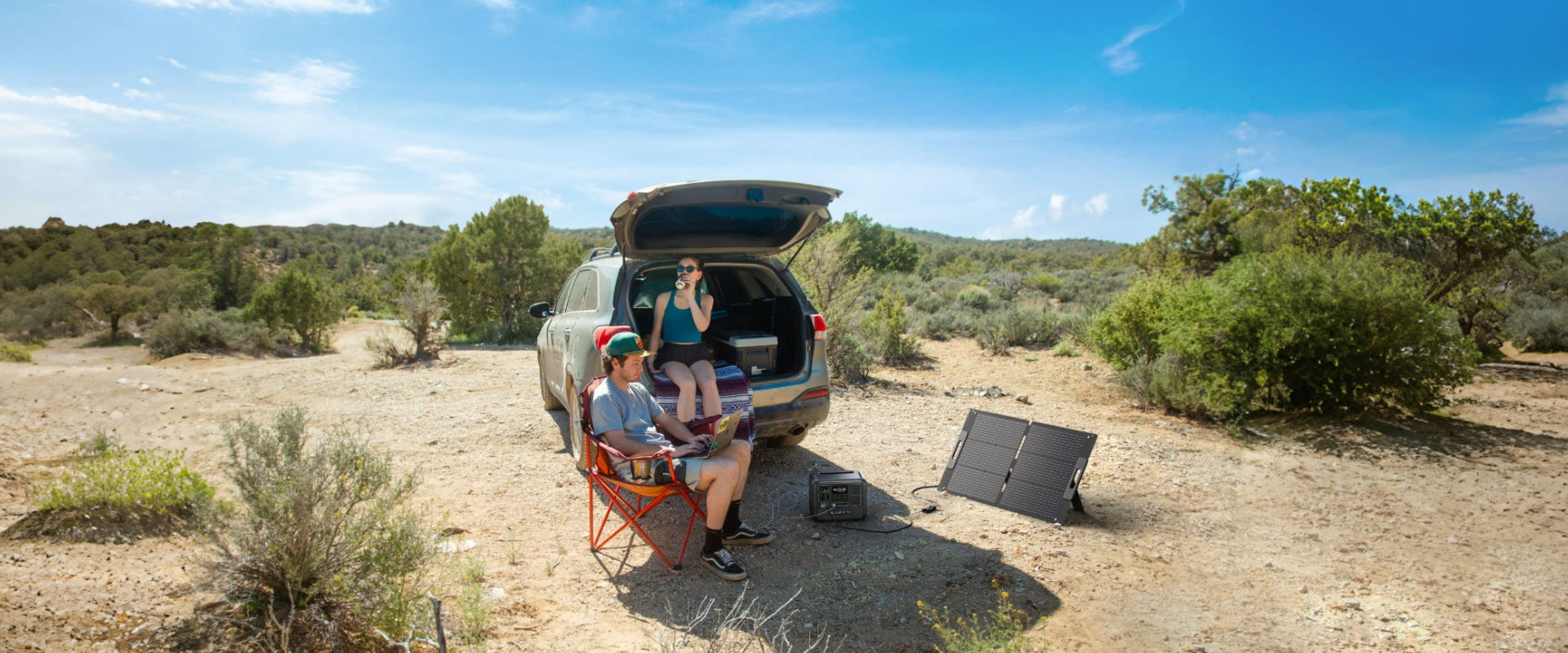 PV100 portable solar panel during desert road trip camping