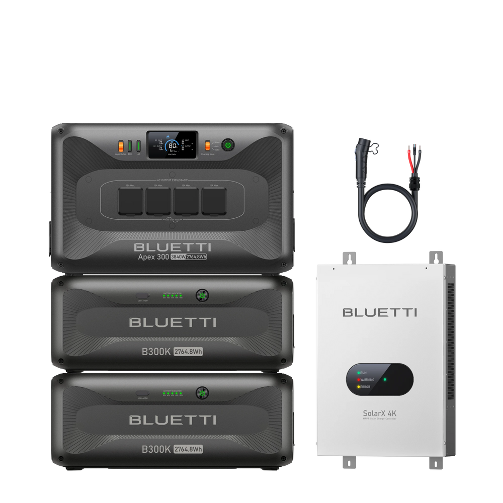 BLUETTI Apex300 with dual B300K batteries, SolarX 4K panel and P090D cable for outdoor home backup camping power solution