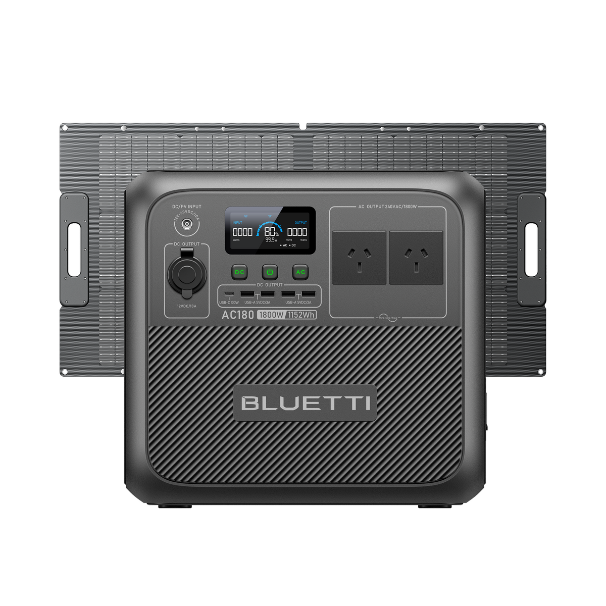 BLUETTI AC180 portable power station with PV100 solar panel, ideal for RV trips and emergency backup