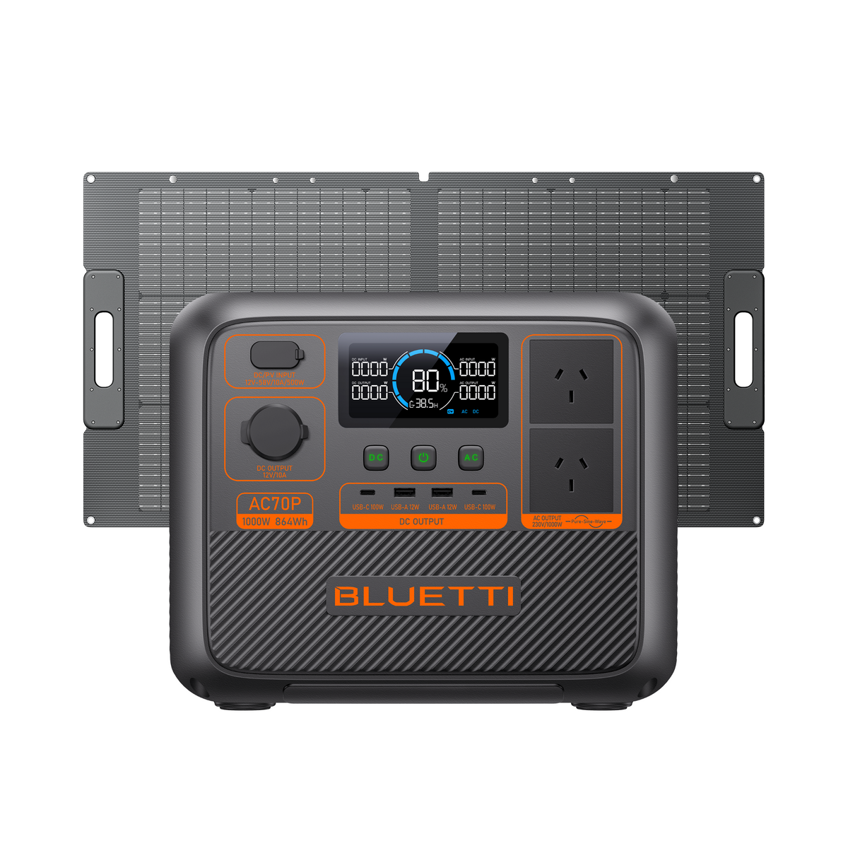 BLUETTI AC70P solar generator bundle with PV100 panel, efficient charging for home and travel