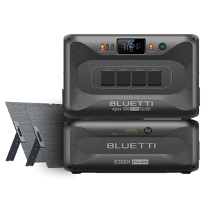 BLUETTI Apex 300 with B300K expansion battery and dual 350W solar panels for extended home backup power