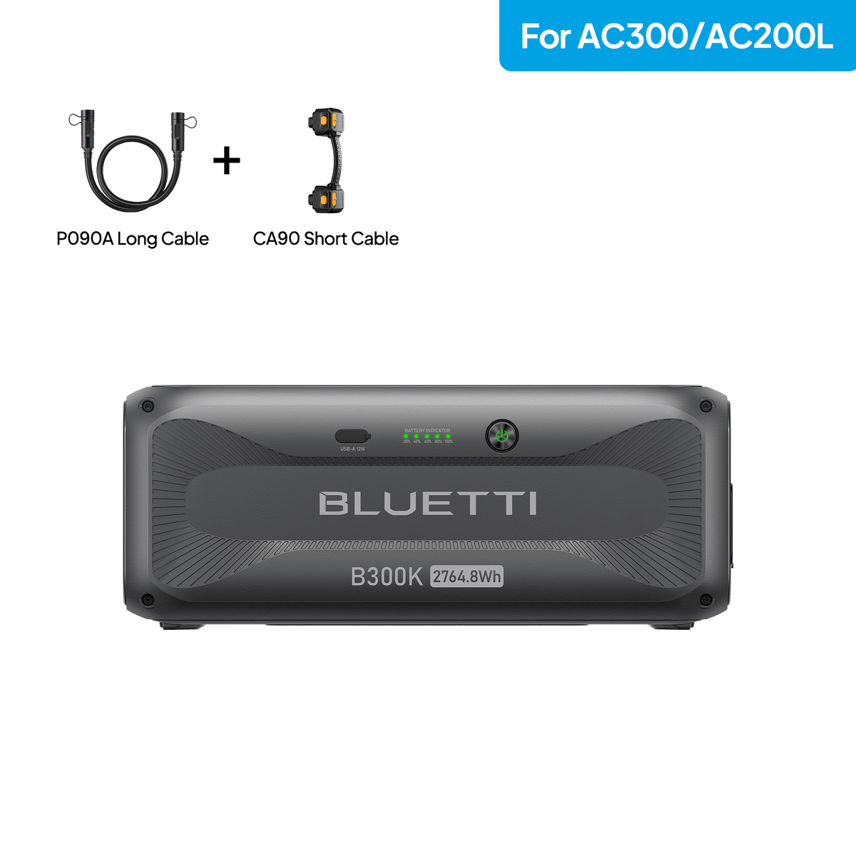 BLUETTI B300K expansion battery with P090A cable, compatible with AC300 or AC200L