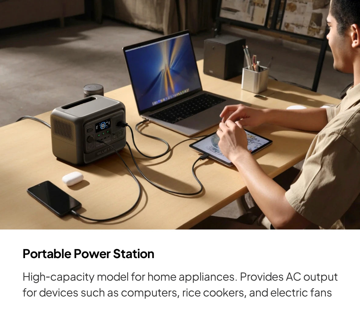 BLUETTI Portable Power Station – high-capacity model with AC output, powers home appliances such as computers, rice cookers, and fans, suitable for home backup and outdoor use