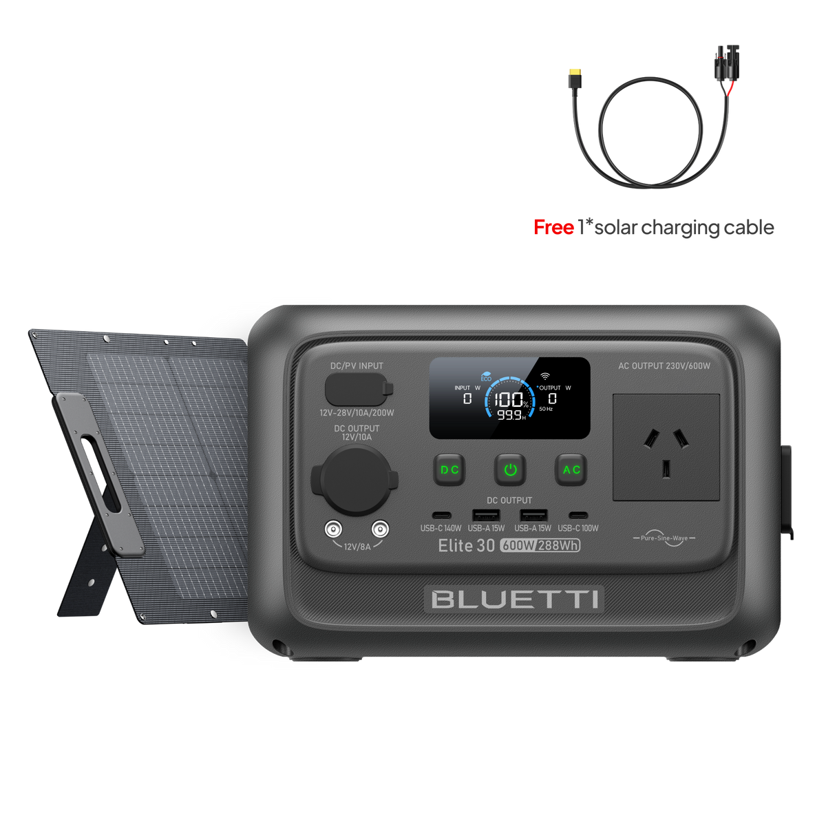 BLUETTI Elite 30 V2 power station paired with 120W solar panel for faster solar charging